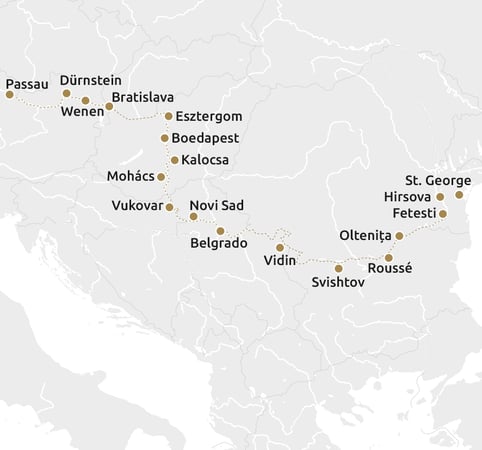 Routekaartje Cruise ontdekking van de Donaudelta