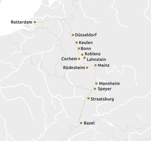 Routekaartje Vierlandencruise Rijn & Moezel (berg en dal)