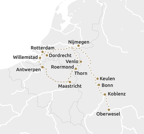 Routekaartje kerst- en oud & nieuwcruise zuidelijke nederlanden & rijn