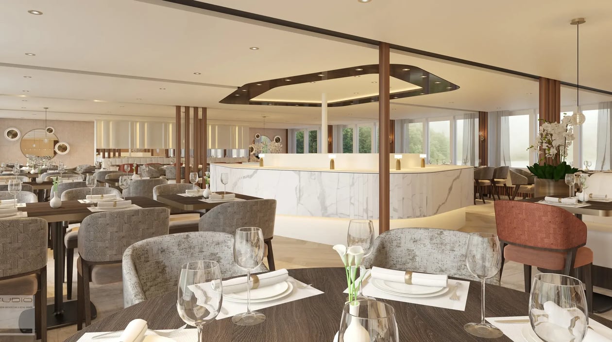 AMADEUS Mira_ Restaurant. Rendering_Rendering Picture of the Restaurant_ AMADEUS Mira_Lueftner Cruises_Amadeus_Internal