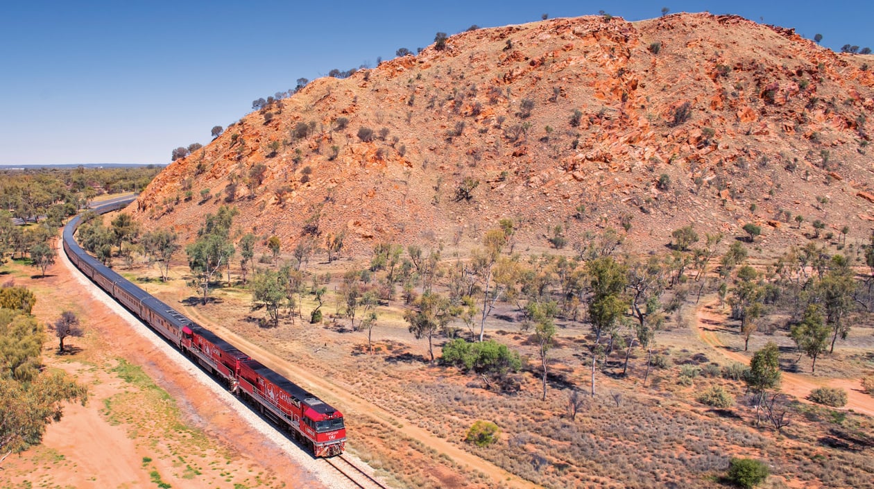 The Ghan Heading north thru the Gap at the southern entrance to Alice Springs