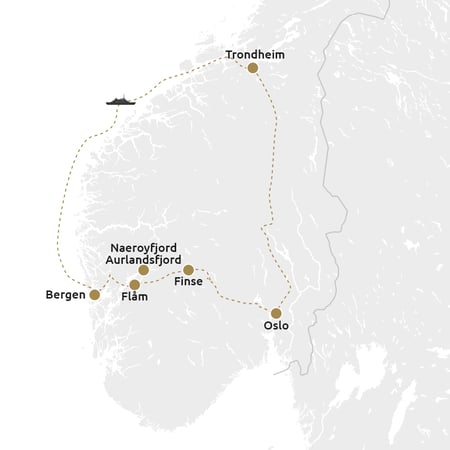 Routekaartje Noorse fjorden per trein en luxe cruise