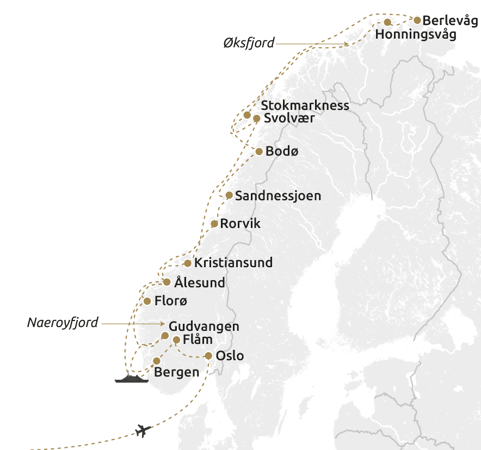 Routekaartje Noorse fjorden gezien vanaf het water en spoor