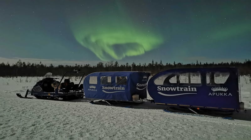 aurora hunt by snowtrain apukka resort rovaniemi lapland finland