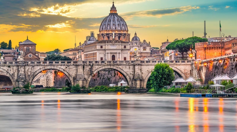 St.Peters basilica and Ponte Vittorio Emanuele II bridge in Vatican Rome shutterstock_1922377871