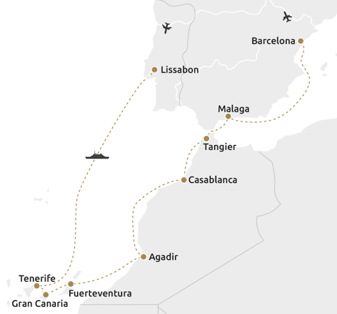 Routekaartje schatten van de Canarische Eilanden en Lissabon